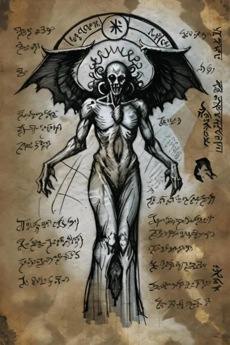 Necronomicon Sketch, Angel, <lora:Necronomicon:0.8>, Old Paper Texture,