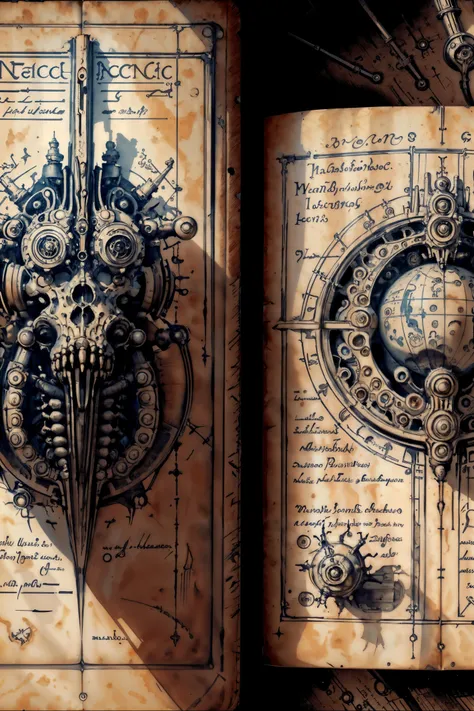 <lora:DaVinciTech-25:0.8> davincitech, scifi, (masterpiece, best quality, realistic, detailed, crisp:1.2), (text), <lora:Necronomicon-10:0.4> Necronomicon Sketch, (cover page of an old book, necronomicon), heavy shadows, by leonardo da vinci