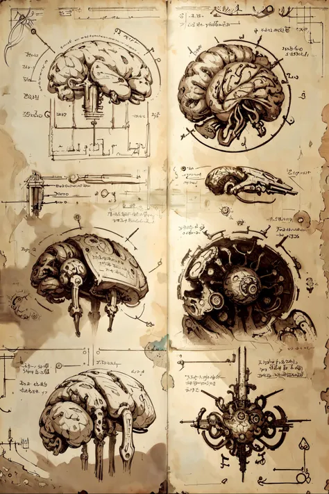 <lora:DaVinciTech-25:0.8> davincitech, scifi, <lora:npzw-05:0.6> (masterpiece, best quality, realistic, detailed, crisp:1.2), (sepia, monochrome:1.1), npzw, (text, paragraph:1.2), <lora:Necronomicon-10:0.4> Necronomicon Sketch, (old page, book page, (drawing of a brain), catalogue, schematics, diagrams), multiple views, heavy shadows, by leonardo da vinci