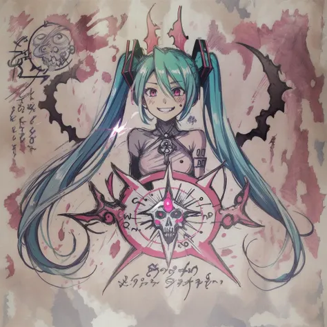 1girl, hatsune miku, smile, <lora:Necronomicon-10:1> Necronomicon Sketch, grimoire, <lora:BloodSkelterStyle-30:0.7>,Blood_Skelter,pink blood, glowing eyes,