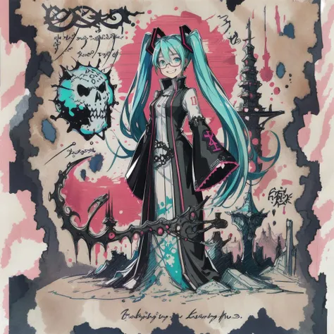 1girl, glasses, hatsune miku, smile, <lora:Necronomicon-10:0.9> Necronomicon Sketch, grimoire, <lora:BloodSkelterStyle-30:0.7>,Blood_Skelter,pink blood