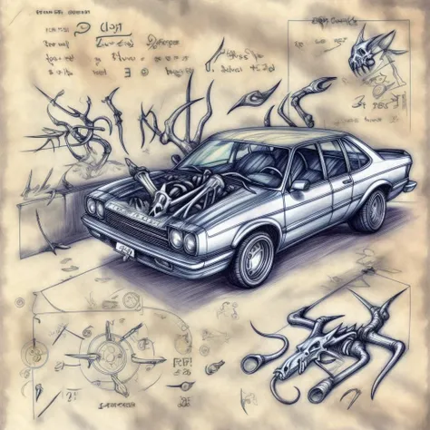 <lora:add_detail:0.9> add_detail, masterpiece, best quality, detailed, <lora:Necronomicon Sketch:0.9> Necronomicon Sketch, 
(volkswagen golf:0.5), text, diagram, blood stains in background, wheels, spoiler, mechanical parts, tentacles, thorns, bones,