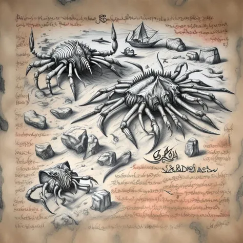 <lora:add_detail:0.9> add_detail, masterpiece, best quality, detailed, <lora:Necronomicon Sketch:0.9> Necronomicon Sketch,
text, diagram, blood stains in background, lines, ornament, giant crab, holding boat, beach, rocks,