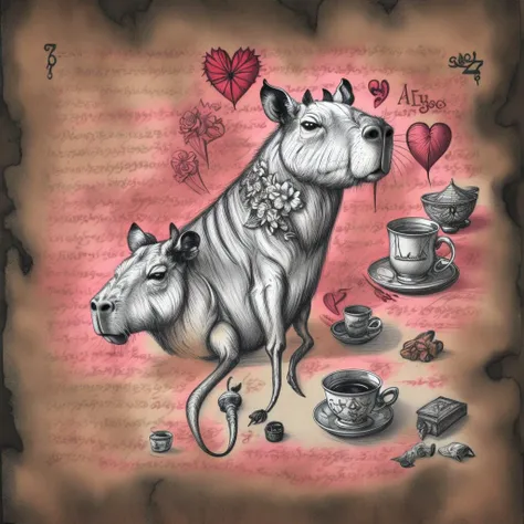 <lora:add_detail:0.9> add_detail, masterpiece, best quality, detailed, <lora:Necronomicon Sketch:0.9> Necronomicon Sketch,
text, diagram, blood stains in background, lines, ornament, <lora:capybara:0.9> capybara, fur, tea cup, flowers, leafs, heart shape,