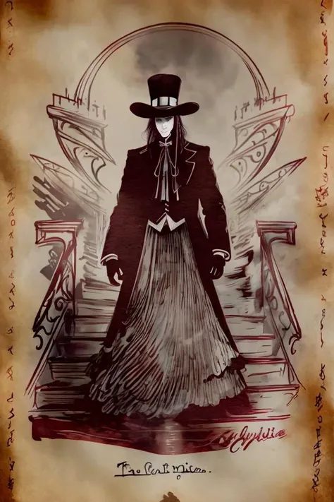 woman in Black tophat, white trim, black maestro suit, white trim, white gloves, standing on top stairs, photo realistic, red glowing mist around hands, sinister smile, <lora:Necronomicon-10:1>, NECRONOMICON SKETCH