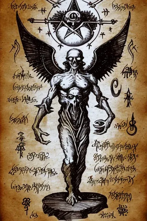 (Necronomicon Sketch:1.1),archangel holding a skull and a bible \(object\), seven-pointed stars \(symbol\), the Great ultimate ,fire,blood,by atbgams,<lora:Necronomicon-10:0.9>