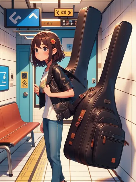 (masterpiece, best quality, detailed:1.5),  <lora:girllikeguitarcase:1.0> carrying a guitar case on behind,  T-shirt, black leather jacket, white tile wall, navigation sign, mrt platform