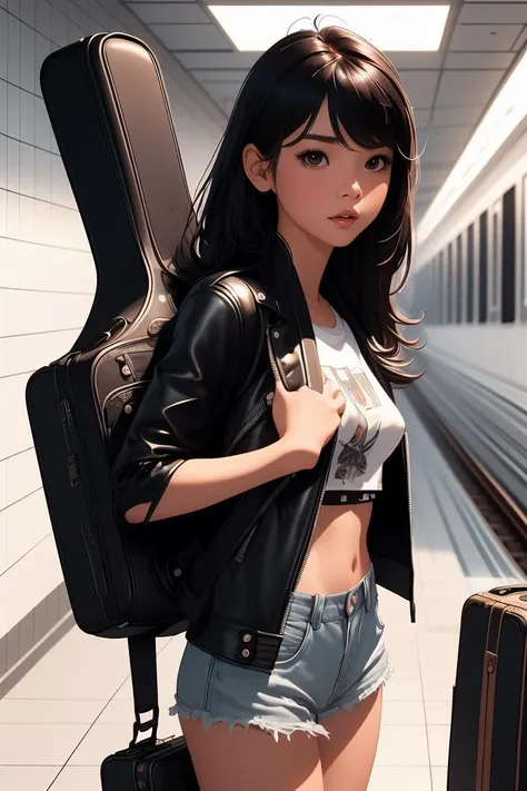 (masterpiece, best quality), 1girl,  Auburn Textured Crop with Skin Fade, Size DD breasts,  <lora:girllikeguitarcase:1> carrying a guitar case on behind,  T-shirt, black leather jacket, white tile wall, navigation sign, mrt platform