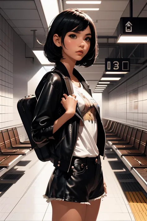 (masterpiece, best quality), 1girl,  Carmine Short Comb-Over with Skin Fade, small breasts,  <lora:girllikeguitarcase:1> carrying a guitar case on behind,  T-shirt, black leather jacket, white tile wall, navigation sign, mrt platform