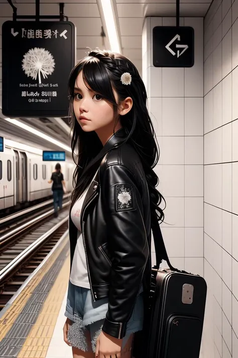 (masterpiece, best quality), 1girl,  Dandelion Messy Side Braid with Baby's Breath, Size G breasts,  <lora:girllikeguitarcase:1> carrying a guitar case on behind,  T-shirt, black leather jacket, white tile wall, navigation sign, mrt platform