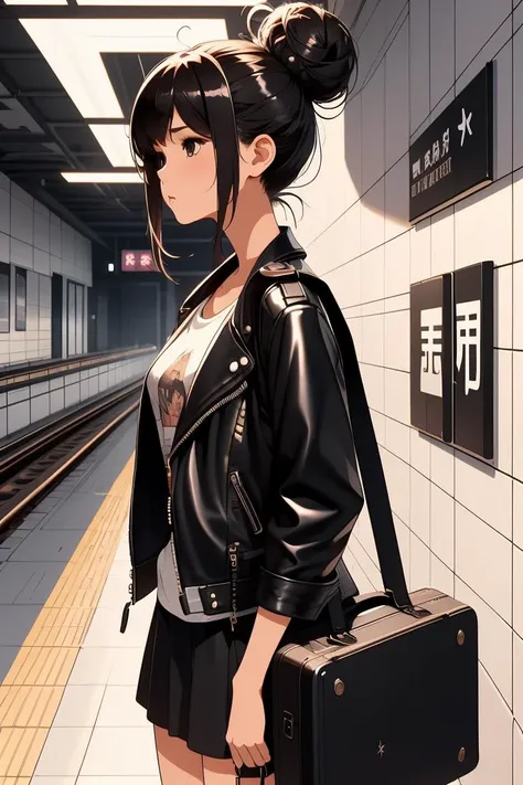 (masterpiece, best quality), 1girl,  Rich Brunette Sleek High Bun, small breasts,  <lora:girllikeguitarcase:1> carrying a guitar case on behind,  T-shirt, black leather jacket, white tile wall, navigation sign, mrt platform