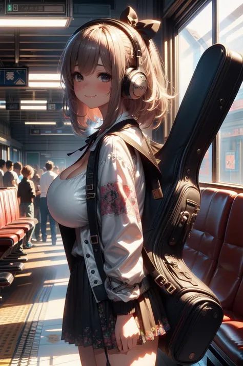 (volumetric lighting, Highres), (Detailed Illustration), Ultra-Detailed, masterpiece, best quality, nsfw,  highly detailed background, busy train full of people, from side, (carrying a guitar case on behind:1.15), fashion pattern T-shirt,  jacket, navigation sign, 1girl, upper body, smirk, standing, headphones, ribbon, white medium hair, cleavage, (huge breasts:1.3), short skirt, blush, <lora:girllikeguitarcase:1> <lora:detail_slider_v4:0.8> <lora:hairdetailer:0.8>