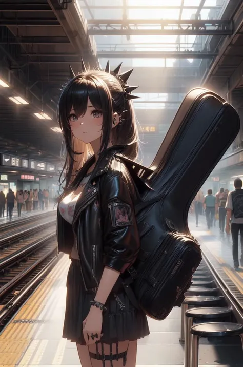 (volumetric lighting, Highres), (Detailed Illustration), Ultra-Detailed, masterpiece, best quality, nsfw, 1girl, Spiky Top with Tapered Sides, large breasts, <lora:girllikeguitarcase:1> carrying a guitar case on behind, T-shirt, black leather jacket, highly detailed background, train station full of people, navigation sign, mrt platform <lora:detail_slider_v4:0.8> <lora:hairdetailer:0.8>