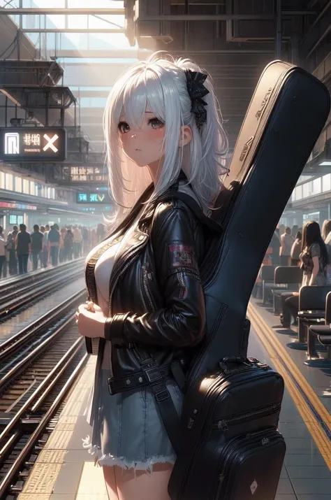 (volumetric lighting, Highres), (Detailed Illustration), Ultra-Detailed, masterpiece, best quality, nsfw, 1girl, white hair, medium hair, gigantic breasts, <lora:girllikeguitarcase:1> carrying a guitar case on behind, T-shirt, black leather jacket, highly detailed background, busy train station full of people, navigation sign, mrt platform <lora:detail_slider_v4:0.8> <lora:hairdetailer:0.8>