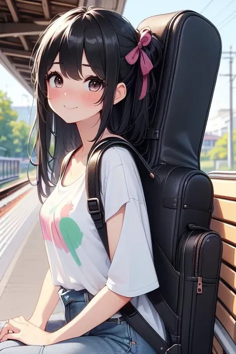 (((masterpiece))), (((best quality))), (((from side))), (((closeup))), ((train platform)), ((guitar case backpack)), ((fasion pattern painted T-shirt)), ((denim long coat)), navigation sign, 1girl, ((sitting on bench)), smile, ribbon, ((black longhair)), collarbone, cleavage, ((big tits)), sweat, shy. blush, ((petite figure)), <lora:girllikeplatform:1>