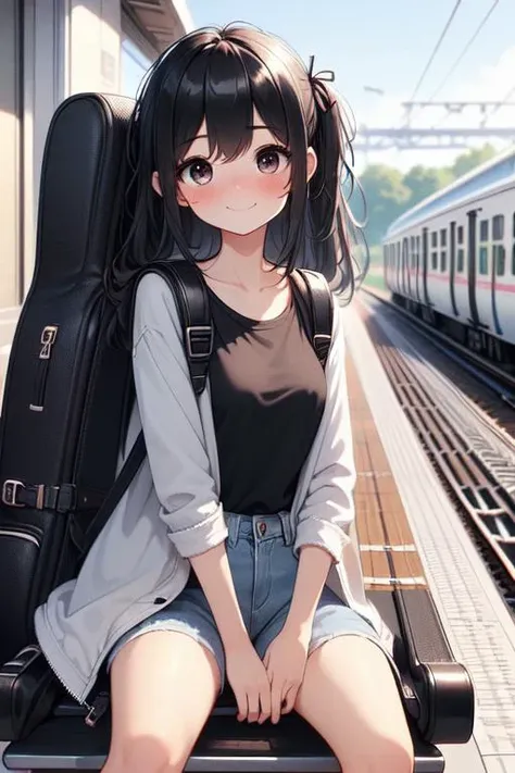 (((masterpiece))), (((best quality))), ((train platform)), ((guitar case backpack)), light black T-shirt, ((denim long coat)), navigation sign, 1girl, sitting on bench, smile, ribbon, ((black longhair)), collarbone, cleavage, ((big tits)), sweat, shy. blush, ((petite figure)), <lora:girllikeplatform:1>