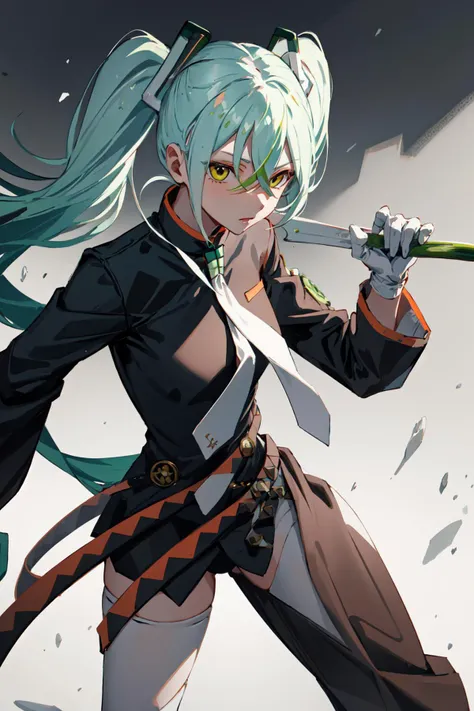 (masterpiece, best quality, highres, ultra detailed:1.2), (solo, 1girl, cowboy shot), kakutomiku, multicolored hair, green hair, twintails, very long hair, gloves, necktie, yellow eyes, thighhighs, long sleeves, black jacket, BREAK, holding spring onion, fighting stance,  BREAK, (mountains), BREAK, (shade, harsh lighting, dynamic lighting) <lora:mikufighting:0.8>