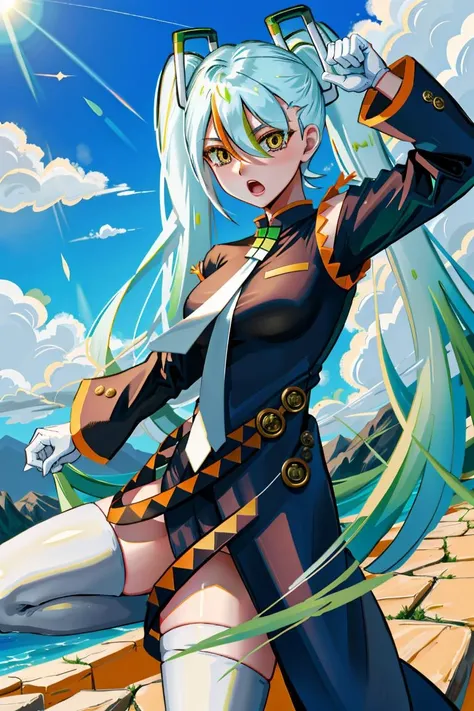 (masterpiece, best quality, highres, ultra detailed:1.2), (solo, 1girl, cowboy shot), kakutomiku, multicolored hair, green hair, twintails, very long hair, gloves, necktie, yellow eyes, thighhighs, long sleeves, black jacket, BREAK, open mouth, (facing viewer, kicking, one leg up, dynamic pose), BREAK, (blue sky, clouds, sunlight, mountains), BREAK, (shade, harsh lighting, dynamic lighting)