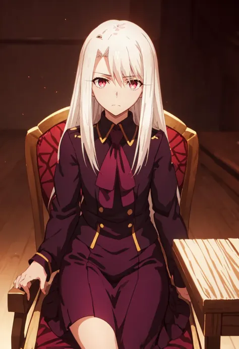 (safe:1.10), best quality, masterpiece, highres, solo, (illyasviel_von_einzbern_fatestaynightufotable:1.10), sitting, sitting on chair, chair, cowboy shot, looking at viewer, anime_style, 25 <lora:illyasviel_von_einzbern_fatestaynightufotable:0.80>