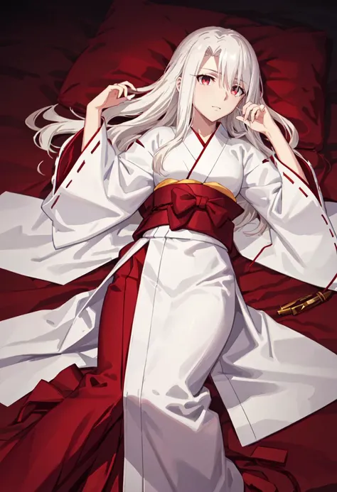 best quality, masterpiece, highres, solo, (illyasviel_von_einzbern_fatestaynightufotable:1.10), (white kimono:1.35), (red hakama:1.35), (wide sleeves:1.20), anime_style, 18 <lora:illyasviel_von_einzbern_fatestaynightufotable:0.80>