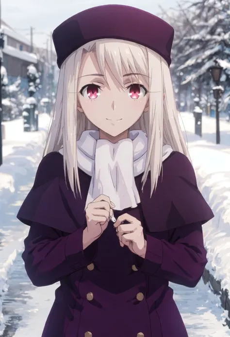 best quality, masterpiece, highres, solo, {illyasviel_von_einzbern_fatestaynightufotable:0.90}, 1girl, papakha, purple_headwear, white_scarf, closed_mouth, purple_capelet, smile, upper_body, looking_at_viewer, purple_coat, blurry_background, outdoors