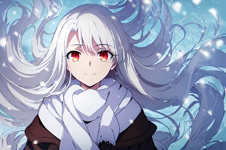 best quality, masterpiece, highres, solo,((full-body)),( <lora:ãä¼èé
ãillyasviel_von_einzbern_fatestaynightufotable:1>), long_hair, white_hair, red_eyes, bangs, hair_between_eyes, 1girl, coat, head_out_of_frame, scarf, white_scarf, purple_coat, closed_mouth, smile, snowing, best quality, official art, 8k wallpaper, highly detailed, illustration, detailed eyes,, ray tracing,(best quality),((masterpiece)),(highres), original, extremely detailed 8K wallpaper,(an extremely delicate and beautiful),incredibly_absurdres,colorful,intricate detail,artbook,