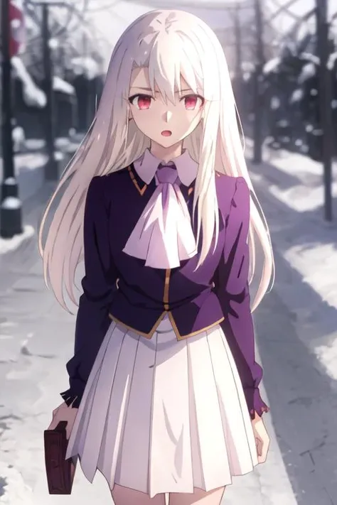best quality, masterpiece, highres, solo, {illyasviel_von_einzbern_fatestaynightufotable:1.15}, long_hair, white_hair, red_eyes, bangs, hair_between_eyes, 1girl, skirt, long_sleeves, ascot, white_skirt, pleated_skirt, purple_shirt, shirt, open_mouth