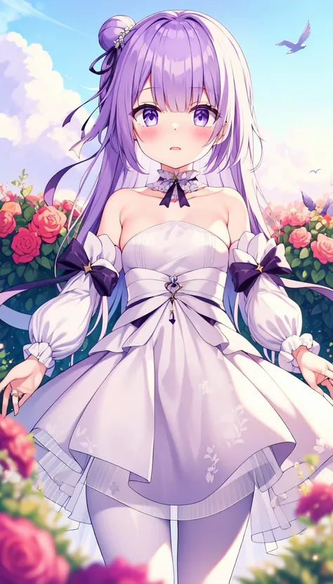 Bent over, Blush, Print, White dress, masterpiece, best quality, Purple hair, Ribbon, Small chest, (garden:1.0), (birds:1.0), Layered, <lyco:iselestia_pure_vows:1.0>, iselestia_pure_vows, White hair ribbon