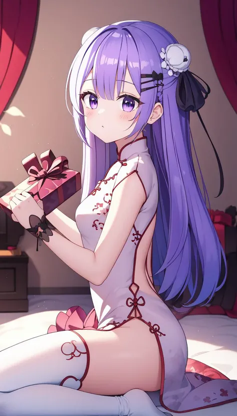 sitting, Volumetric light, holding gift, Room background, Flat, masterpiece, best quality, purple hair, <lyco:iselestia_spring_gift:0.9>, iselestia_spring_gift, Cutout, Long hair, (Chinese clothes:0.8), From side