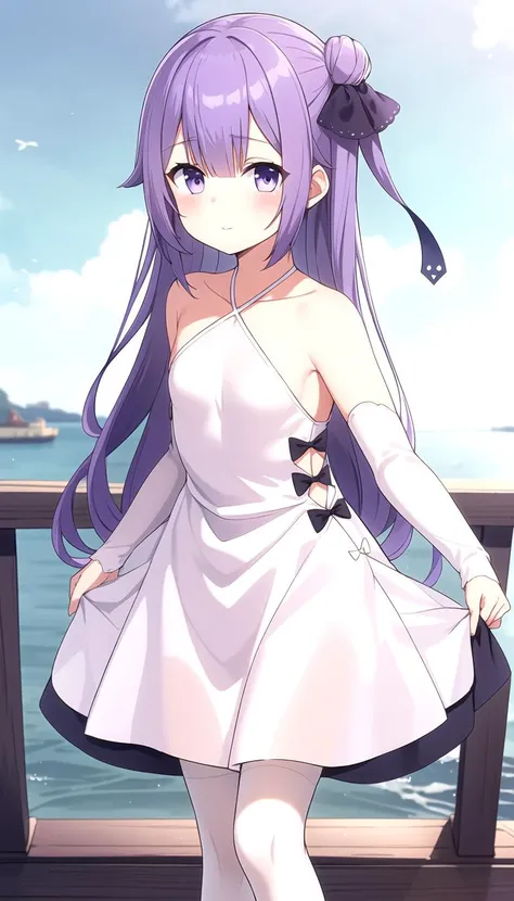 (Port background:1.0), sea, Standing, masterpiece, best quality, (flat:1.0), purple hair, Long hair, White dress, White Sleeves and stockings, Halter, <lyco:classicuni:0.9>, classicuni, Black ribbons