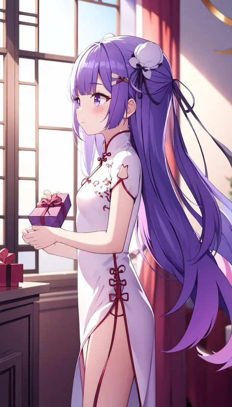 Volumetric light, holding gift, Room background, standing, Flat, masterpiece, best quality, purple hair, <lyco:iselestia_spring_gift:0.9>, iselestia_spring_gift, Cutout, Long hair, (Chinese clothes:0.8), From side