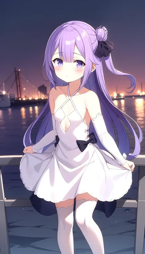 Cutouts, (Port background:1.0), sea, Standing, masterpiece, best quality, (flat:1.0), purple hair, Long hair, White dress, White Sleeves and stockings, Halter, <lyco:classicuni:1.0>, classicuni, Black Bow-knots