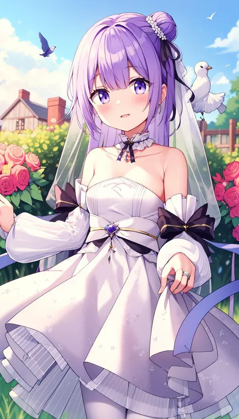 Blush, Print, White dress, masterpiece, best quality, Purple hair, Ribbon, Small chest, (garden:1.0), (birds:1.0), Layered, <lyco:iselestia_pure_vows:1.0>, iselestia_pure_vows, White hair ribbon