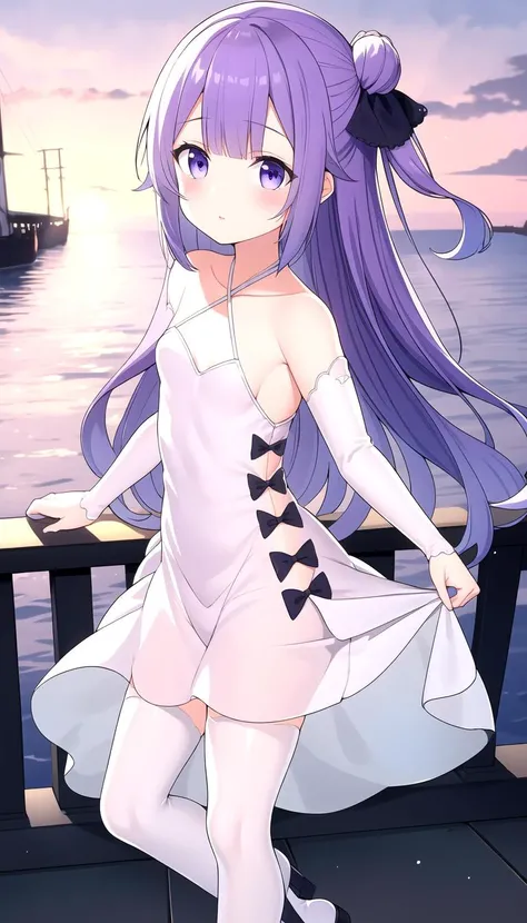 Cutouts, (Port background:1.0), sea, Standing, masterpiece, best quality, (flat:1.0), purple hair, Long hair, White dress, White Sleeves and stockings, Halter, <lyco:classicuni:1.0>, classicuni, Black ribbons
