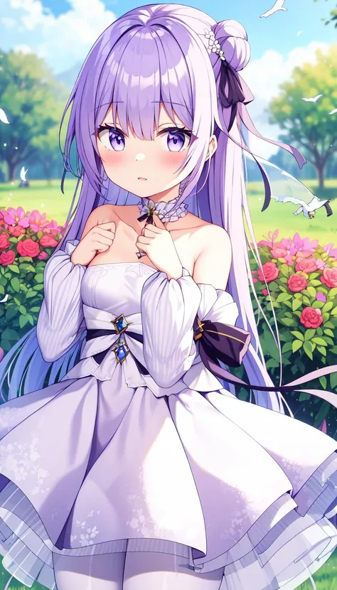 Blush, Print, White dress, masterpiece, best quality, Purple hair, Ribbon, Small chest, (garden:1.0), (birds:1.0), Layered, <lyco:iselestia_pure_vows:1.0>, iselestia_pure_vows, White hair ribbon
