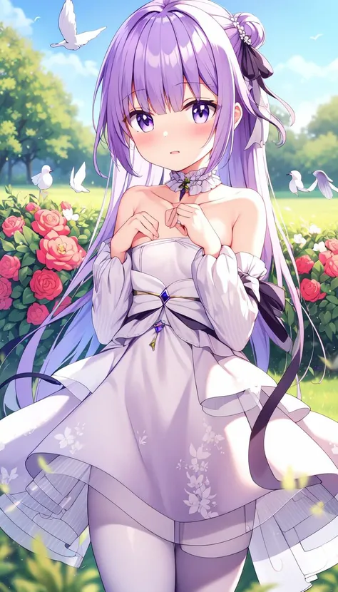Blush, Print, White dress, masterpiece, best quality, Purple hair, Ribbon, Small chest, (garden:1.0), (birds:1.0), Layered, <lyco:iselestia_pure_vows:1.0>, iselestia_pure_vows, White hair ribbon