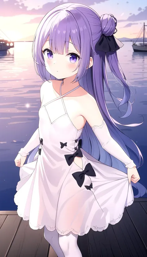 Cutouts, (Port background:1.0), sea, Standing, masterpiece, best quality, (flat:1.0), purple hair, Long hair, White dress, White Sleeves and stockings, Halter, <lyco:classicuni:1.0>, classicuni, Black Bow-knots