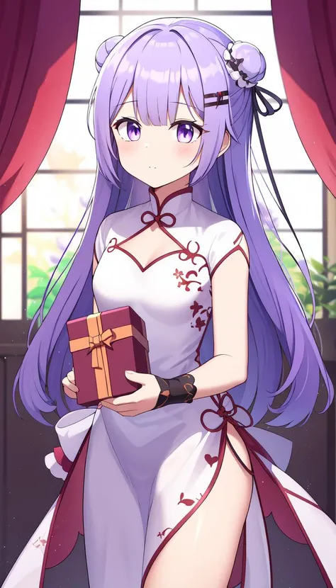 Volumetric light, holding gift, Room background, standing, Flat, masterpiece, best quality, purple hair, <lyco:iselestia_spring_gift:0.9>, iselestia_spring_gift, Cutout, Long hair, Print