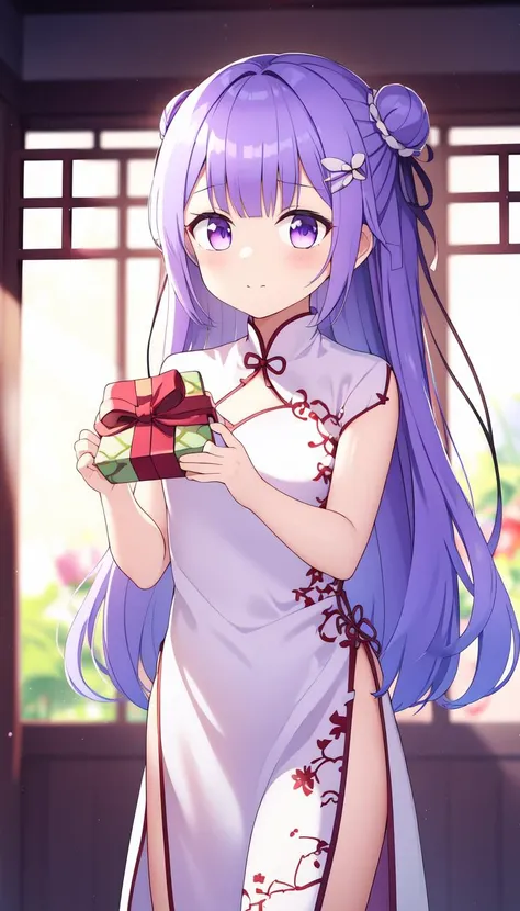 Volumetric light, holding gift, Room background, standing, Flat, masterpiece, best quality, purple hair, <lyco:iselestia_spring_gift:0.9>, iselestia_spring_gift, Cutout, Long hair, Print, Asian clothes