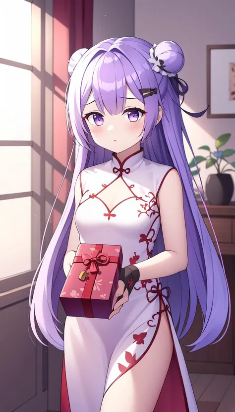 Volumetric light, holding gift, Room background, standing, Flat, masterpiece, best quality, purple hair, <lyco:iselestia_spring_gift:0.9>, iselestia_spring_gift, Cutout, Long hair, Print, (Chinese clothes:0.8), Red extra skirt
