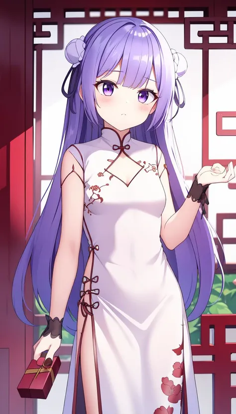 Volumetric light, holding gift, Room background, standing, Flat, masterpiece, best quality, purple hair, <lyco:iselestia_spring_gift:0.9>, iselestia_spring_gift, Cutout, Long hair, Print, Chinese clothes, China dress, White dress