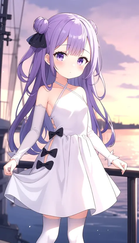 Cutouts, (Port background:1.0), sea, Standing, masterpiece, best quality, (flat:1.0), purple hair, Long hair, White dress, White Sleeves and stockings, Halter, <lyco:classicuni:0.8>, classicuni, Black Bow-knots