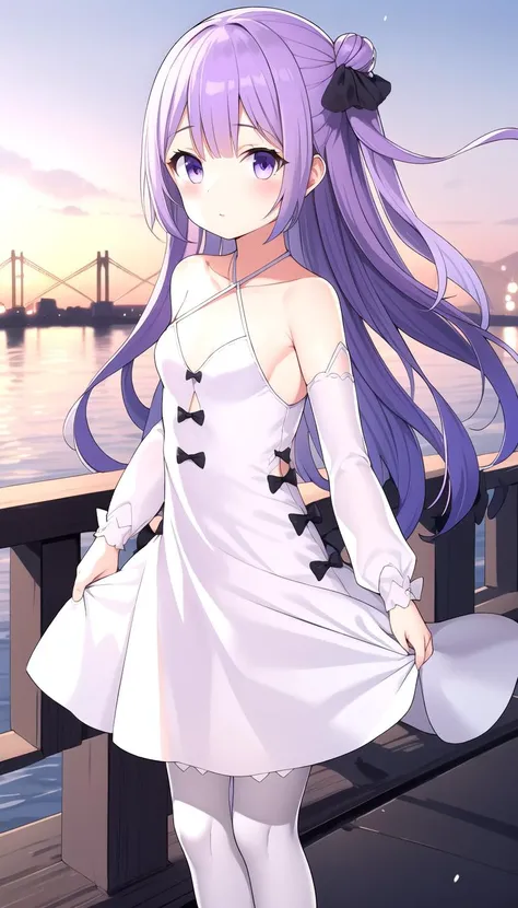 Cutouts, (Port background:1.0), sea, Standing, masterpiece, best quality, (flat:1.0), purple hair, Long hair, White dress, White Sleeves and stockings, Halter, <lyco:classicuni:1.0>, classicuni, Black ribbons