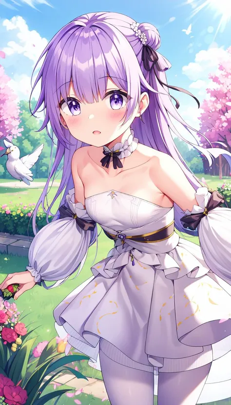 (Bent over:1.1), Blush, Print, White dress, masterpiece, best quality, Purple hair, Ribbon, Small chest, (garden:1.0), (birds:1.0), Layered, <lyco:iselestia_pure_vows:1.0>, iselestia_pure_vows, White hair ribbon