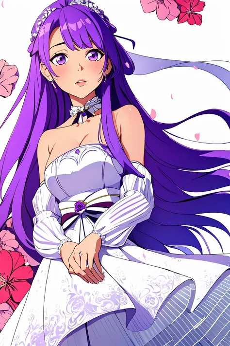 (masterpiece, best quality), 1girl, <lora:a-dream-of-pure-vows-unicorn:1> Print, White dress, Purple hair, long hair, Ribbon , Layered, iselestia_pure_vows,