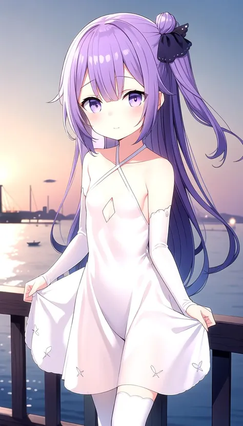 Cutouts, (Port background:1.0), sea, Standing, masterpiece, best quality, (flat:1.0), purple hair, Long hair, White dress, White Sleeves and stockings, Halter, <lyco:classicuni:1.0>, classicuni, Black Bow-knots