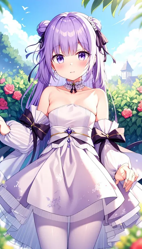 Blush, Print, White dress, masterpiece, best quality, Purple hair, Ribbon, Small chest, (garden:1.0), (birds:1.0), Layered, <lyco:iselestia_pure_vows:1.0>, iselestia_pure_vows, White hair ribbon