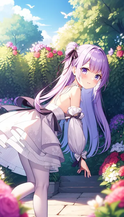 From side, (Bent over:1.1), Blush, Print, White dress, masterpiece, best quality, Purple hair, Ribbon, Small chest, (garden:1.0), (birds:1.0), Layered, <lyco:iselestia_pure_vows:1.0>, iselestia_pure_vows, White hair ribbon