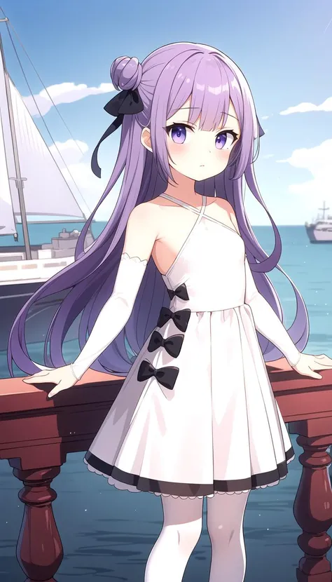 (Port background:1.0), sea, Standing, masterpiece, best quality, (flat:1.0), purple hair, Long hair, White dress, White Sleeves and stockings, Halter, <lyco:classicuni:0.7>, classicuni, (Black ribbons:1.1), cutouts