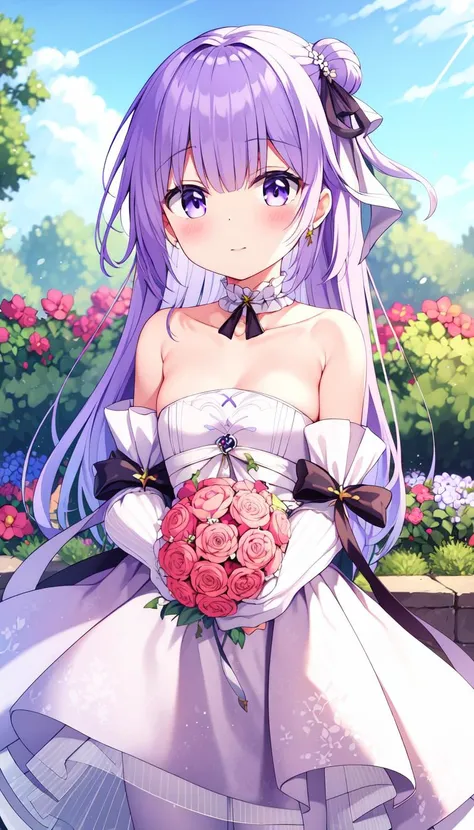 Blush, Print, White dress, masterpiece, best quality, Purple hair, Ribbon, Small chest, (garden:1.0), (birds:1.0), Layered, <lyco:iselestia_pure_vows:1.0>, iselestia_pure_vows, White hair ribbon